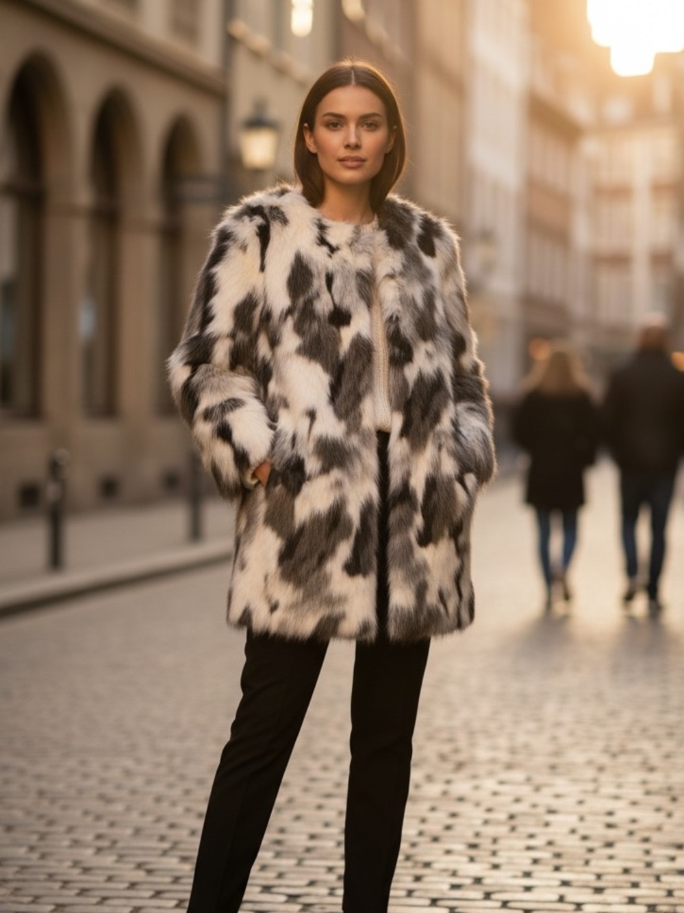 BEBE Black & White Faux Fur Cropped Sleeve Snap Button Mid Length Jacket Coat S